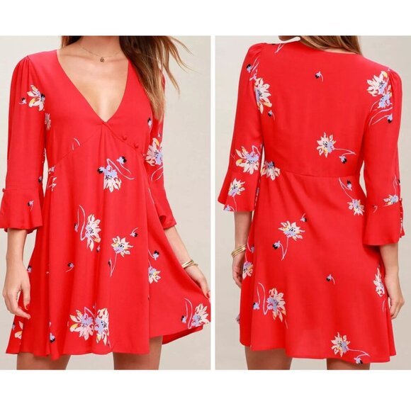 Free People Time On My Side Red Floral Print Wrap Mini Dress - 35555 - Picture 1 of 14